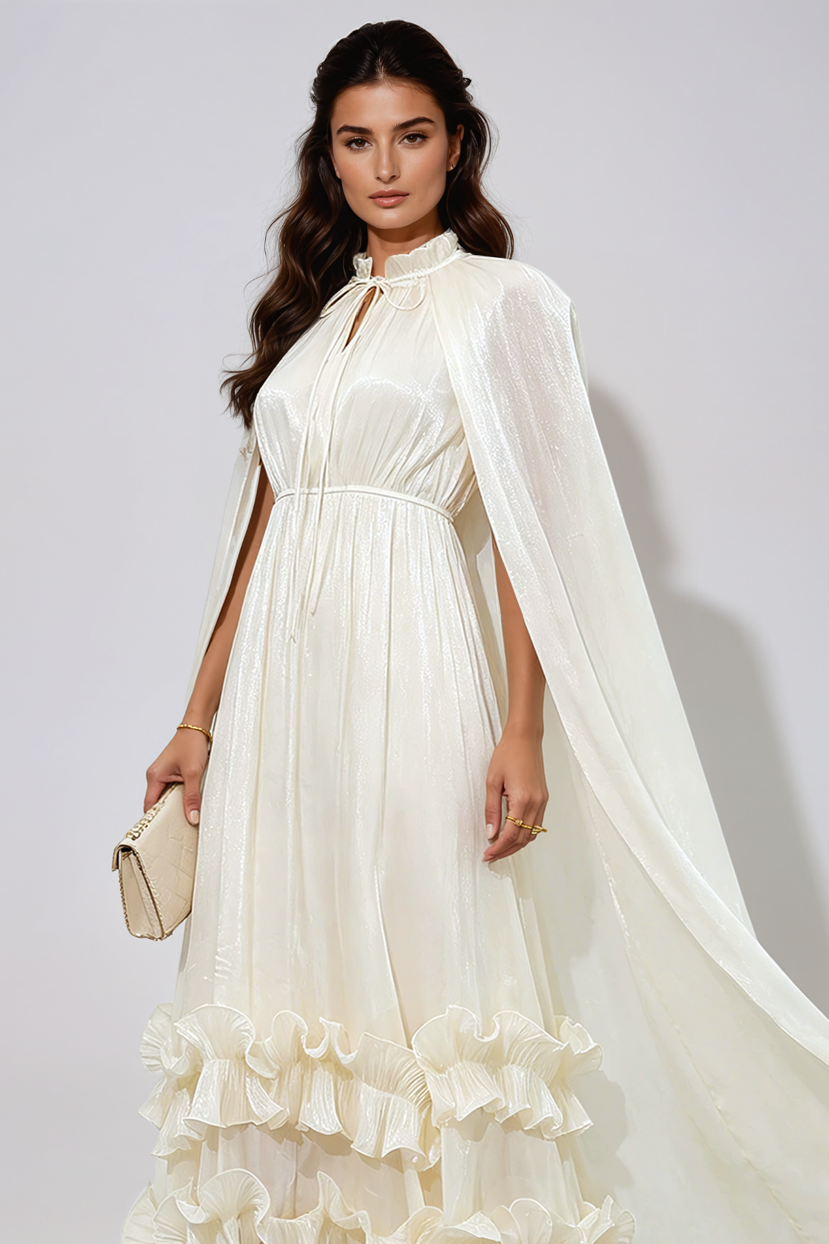 Jaakkima Satin Shawl Ruffle Midi Dress