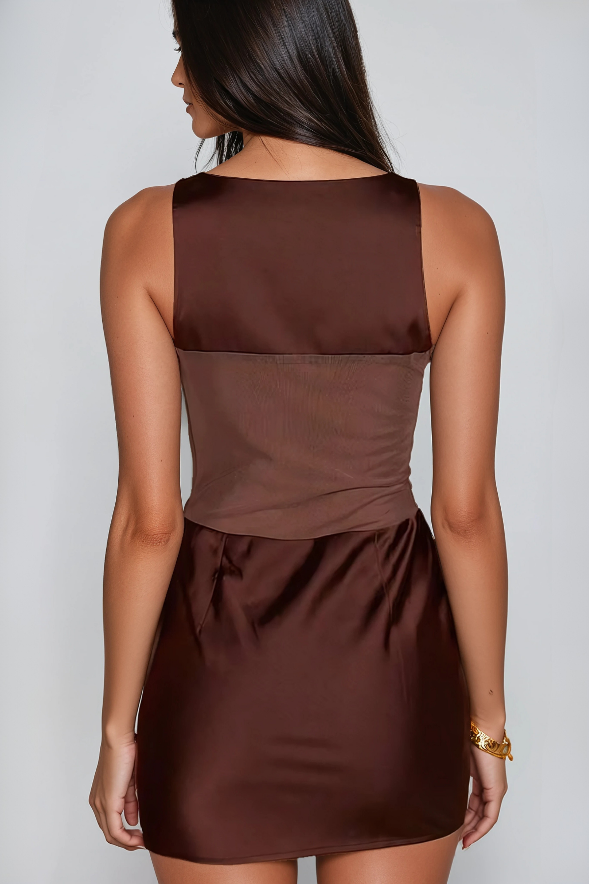 Flaviana Satin Draped Mesh Mini Dress In Brown