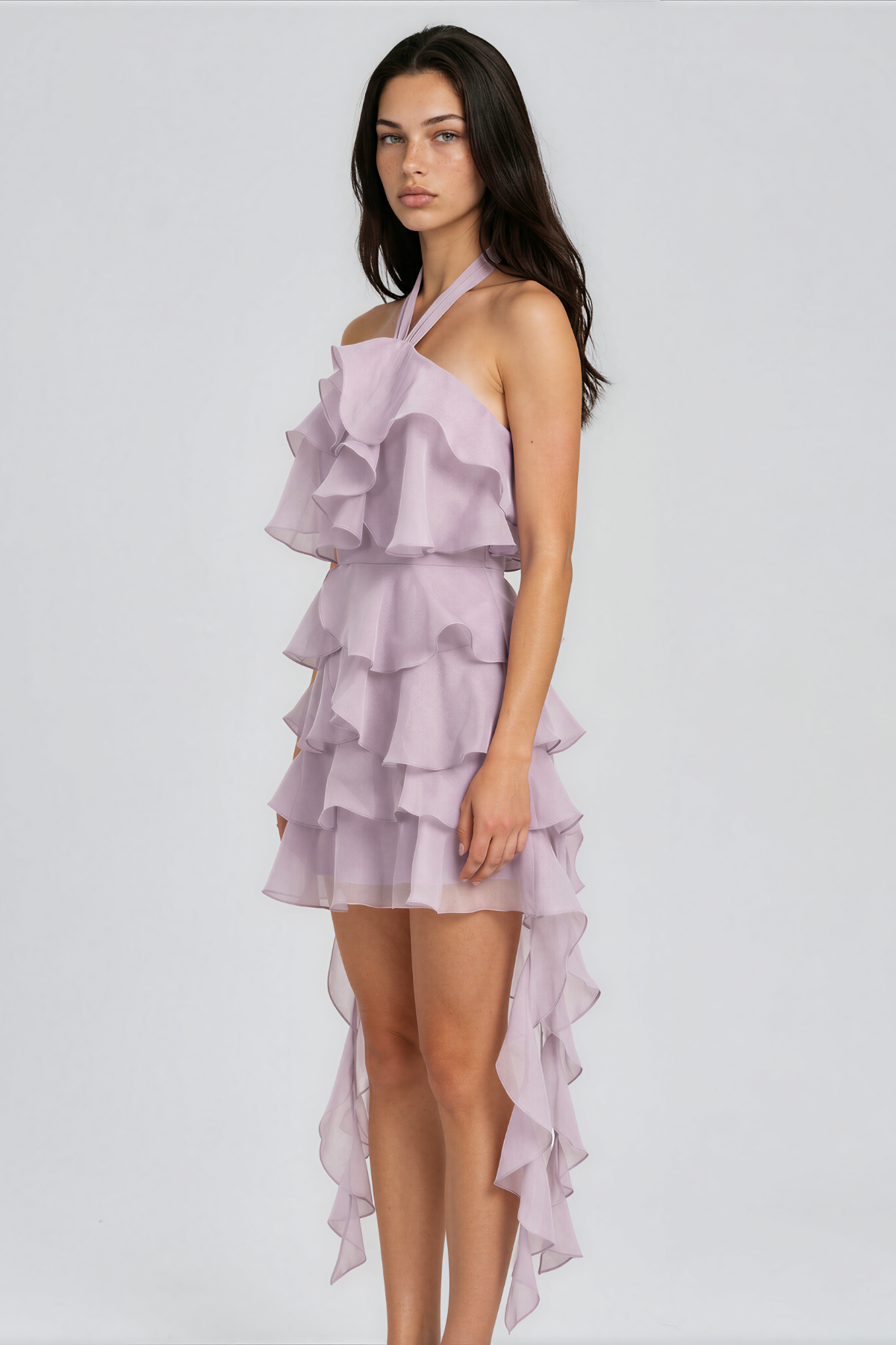 Elizabet  Halter Neck Ruffle Mesh Mini Dress