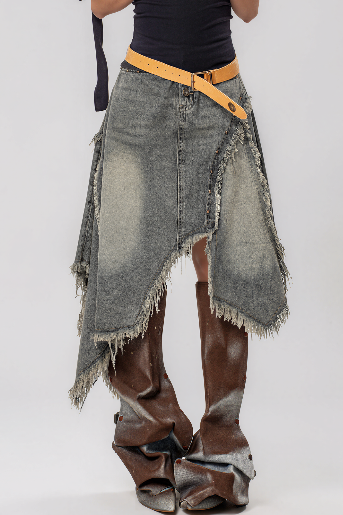 Kagami Asymmetrical Fringe Denim Midi Skirt