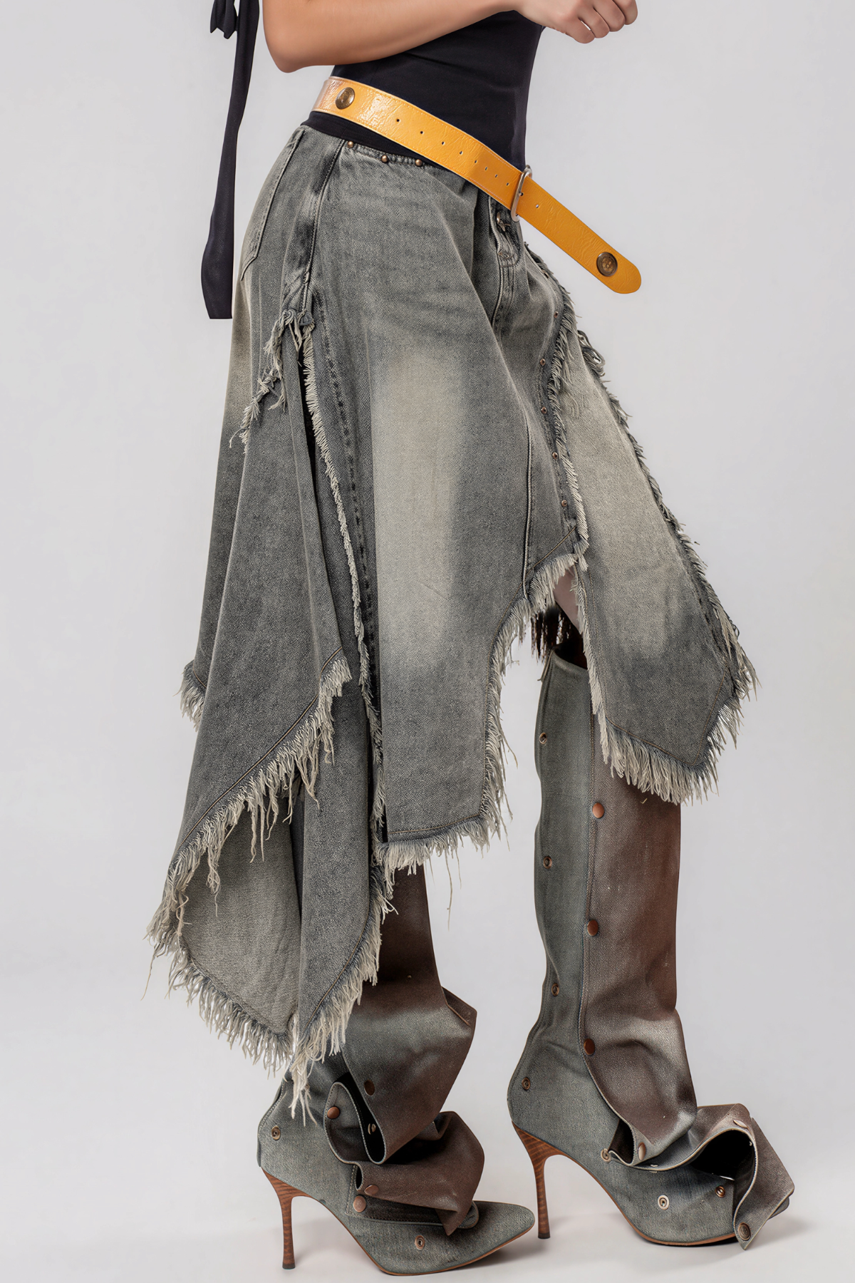Kagami Asymmetrical Fringe Denim Midi Skirt