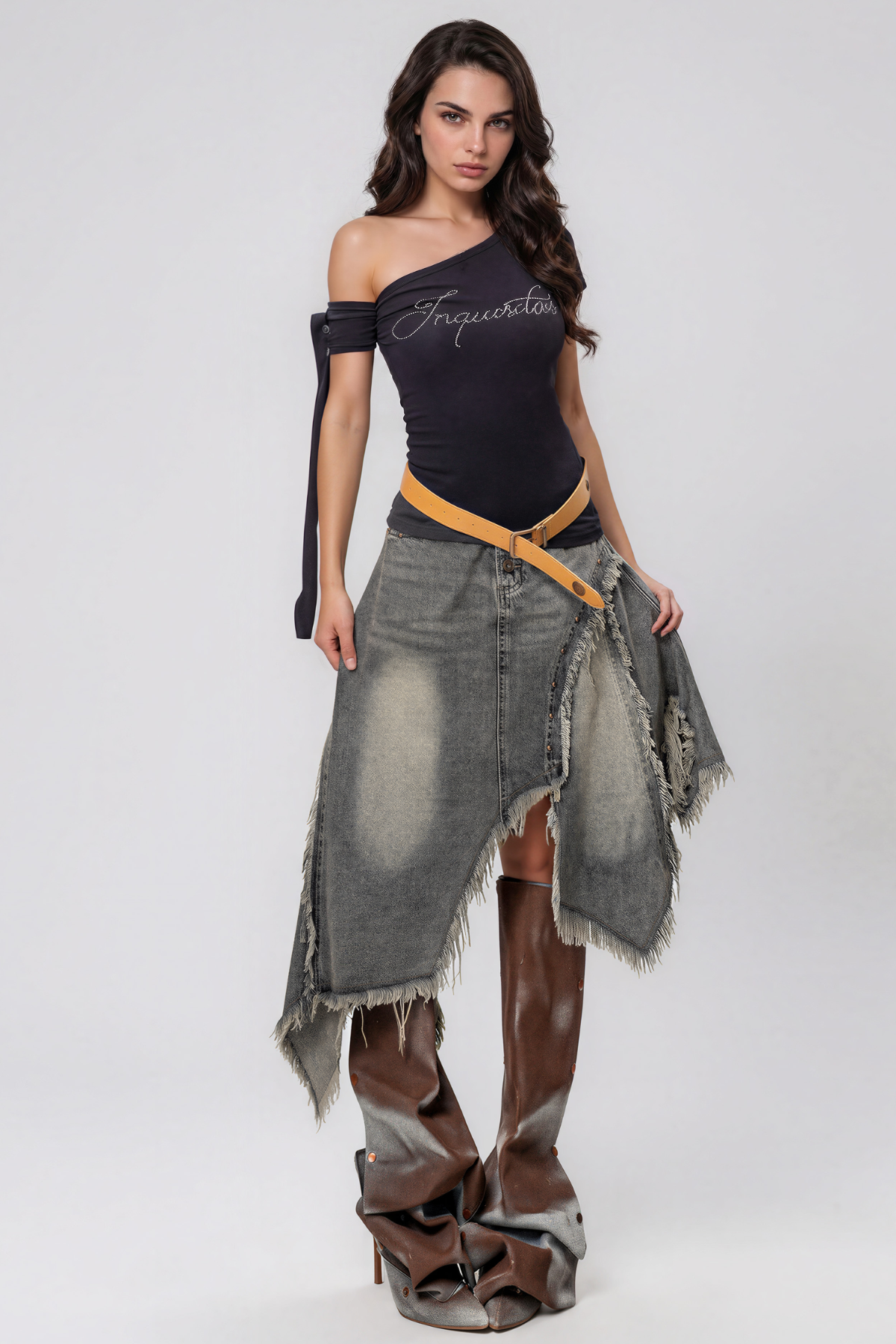 Kagami Asymmetrical Fringe Denim Midi Skirt