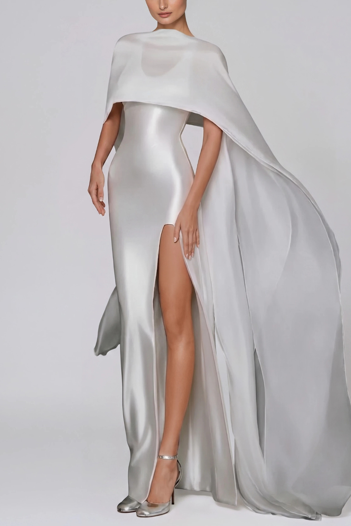 Hamon Split Shawl Satin Maxi Dress