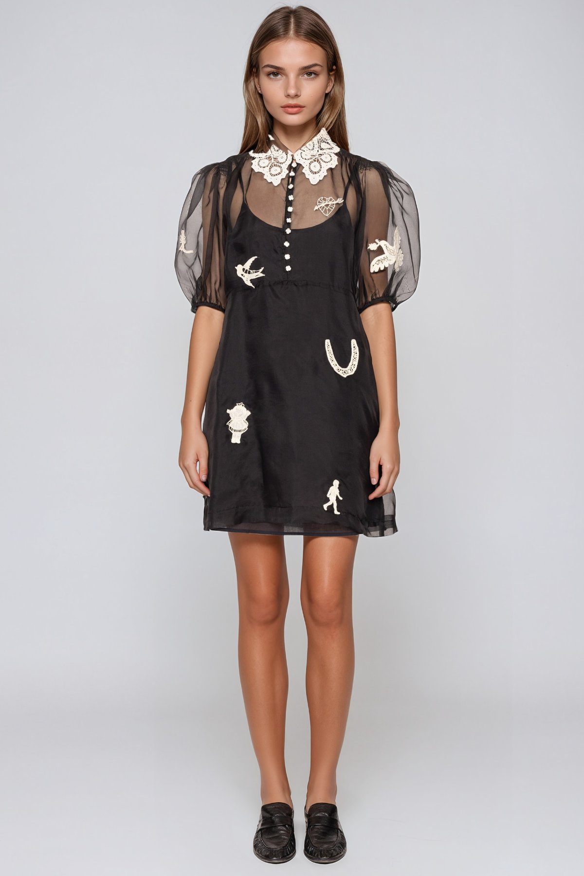Jaakko Puff Sleeve Mesh Lace Mini Dress