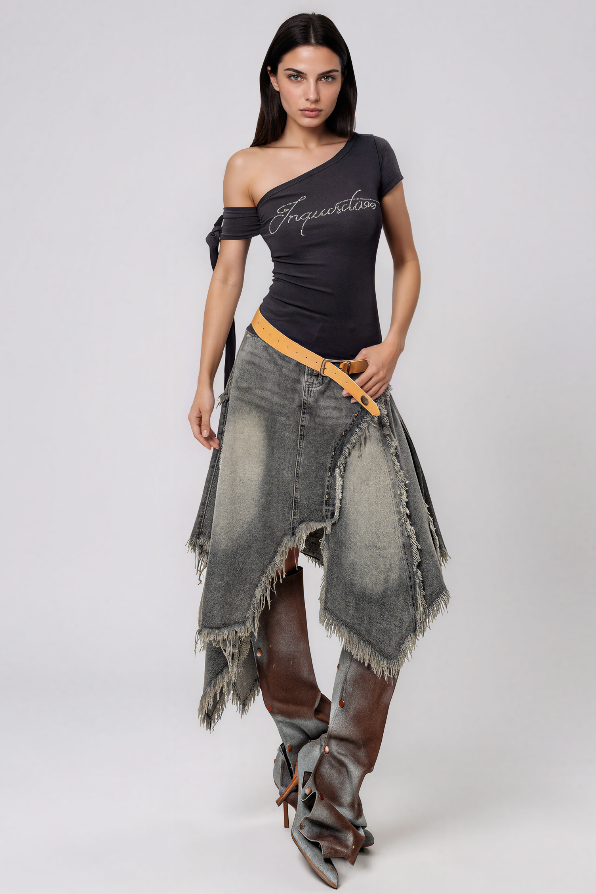 Kagami Asymmetrical Fringe Denim Midi Skirt