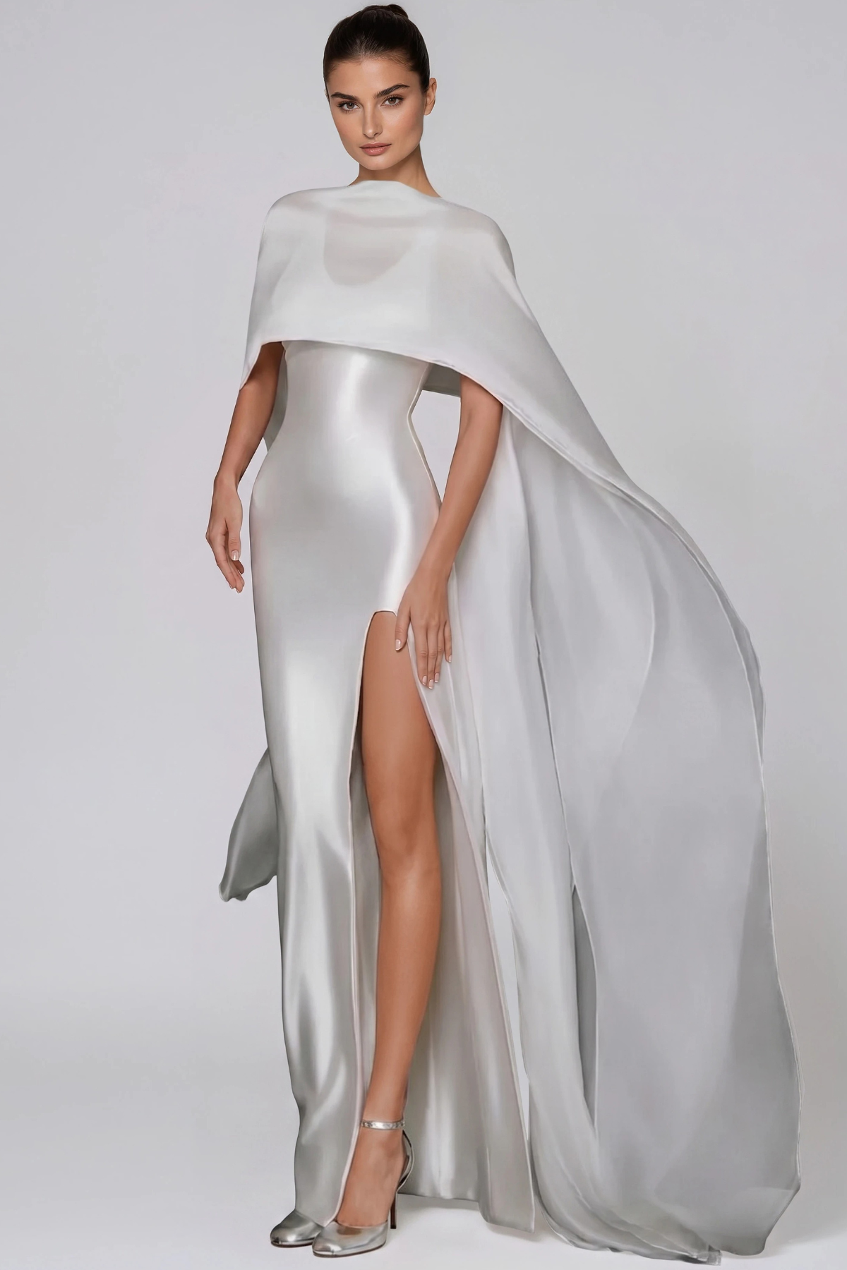 Hamon Split Shawl Satin Maxi Dress