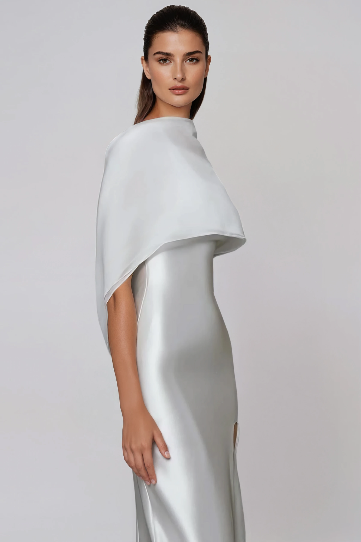 Hamon Split Shawl Satin Maxi Dress