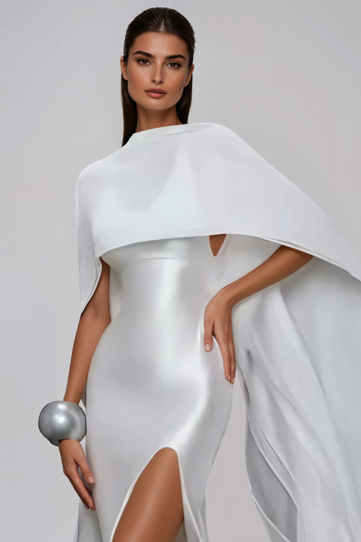 Hamon Split Shawl Satin Maxi Dress