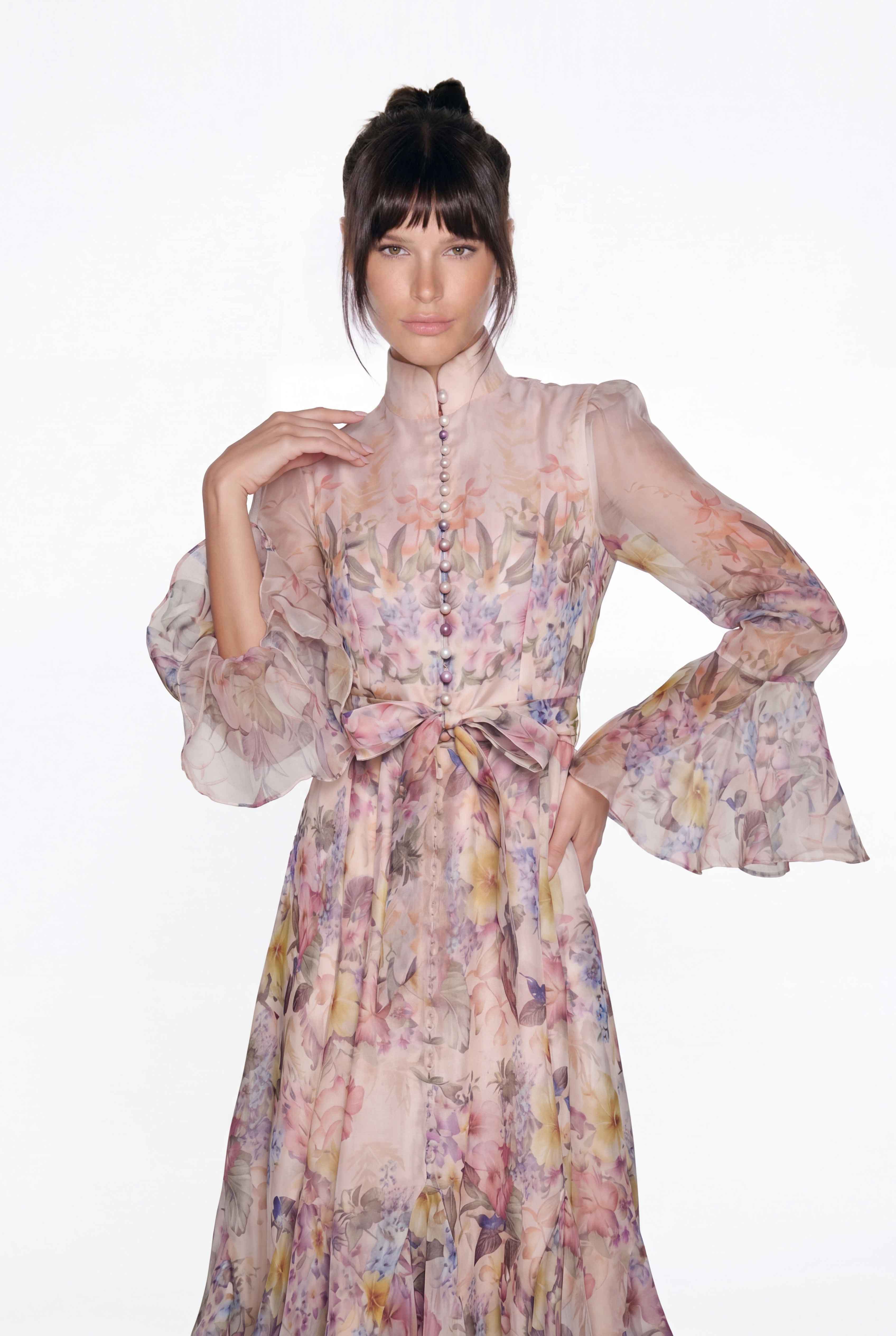 Giselbert Floral Bell Sleeve Ruffle Midi Dress