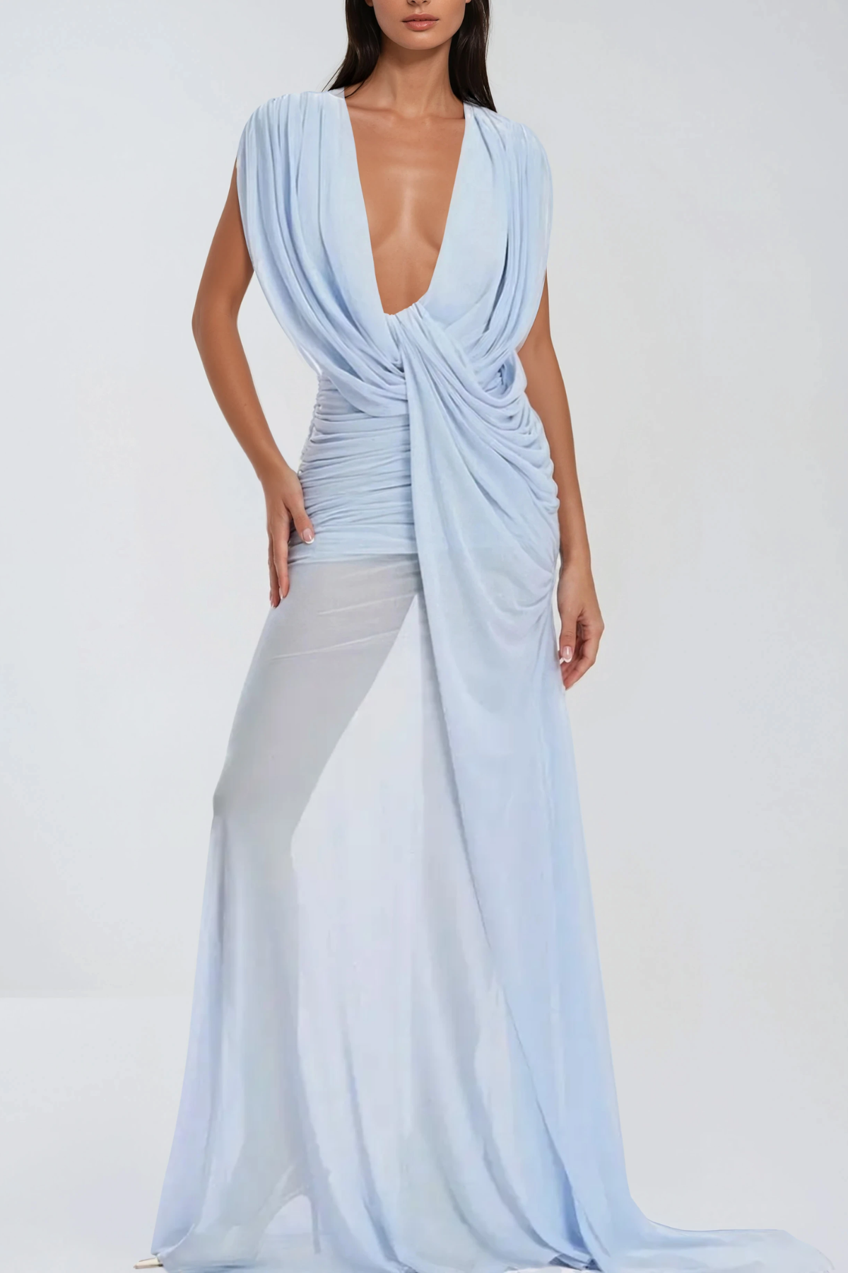 Ceylin Plunge Ruch Asymmetric Maxi Dress In Blue