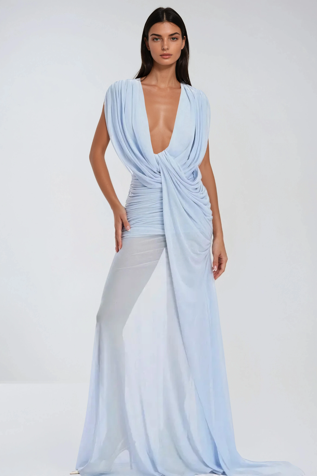 Ceylin Plunge Ruch Asymmetric Maxi Dress In Blue