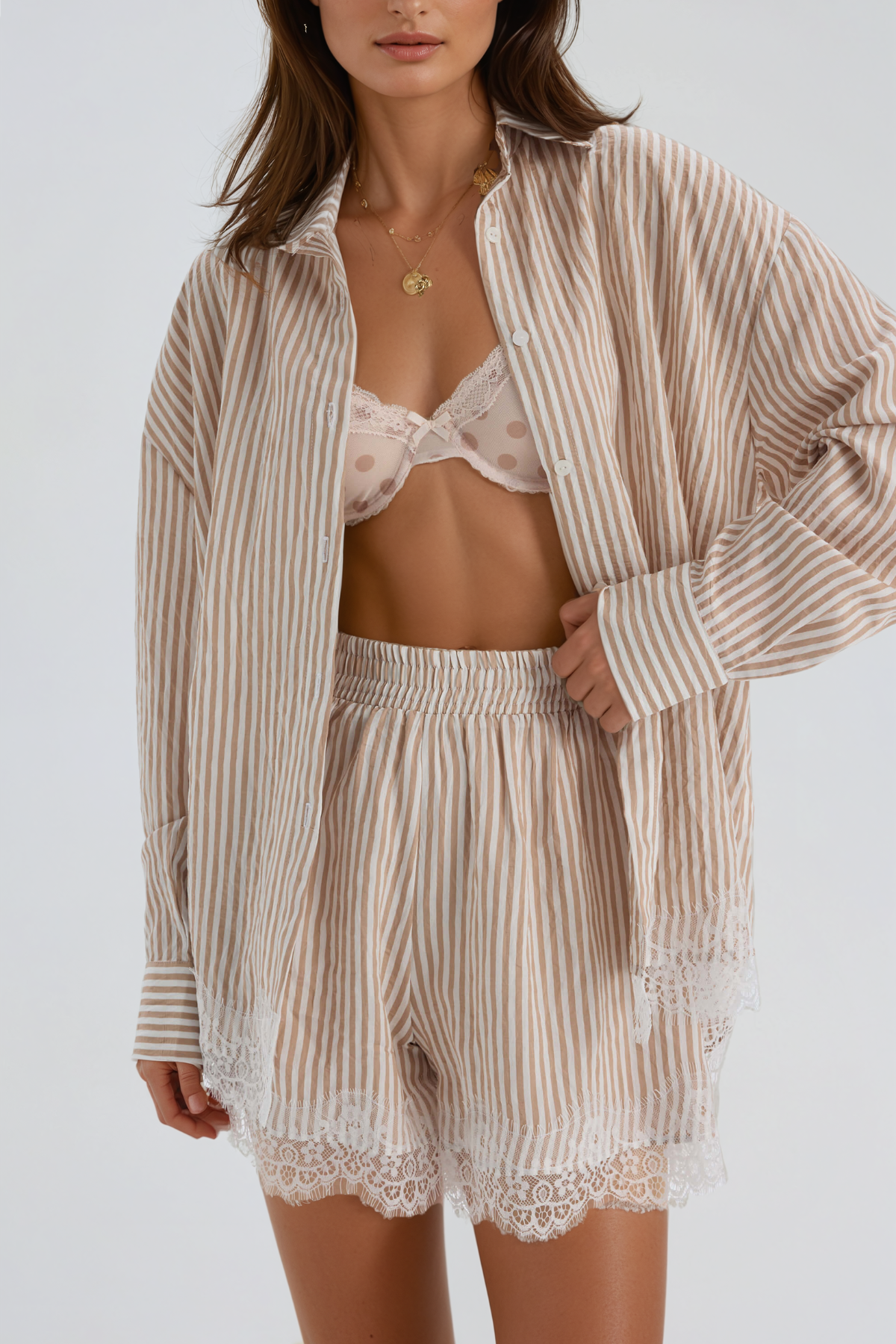Fouzia Lace Shorts Set In Brown
