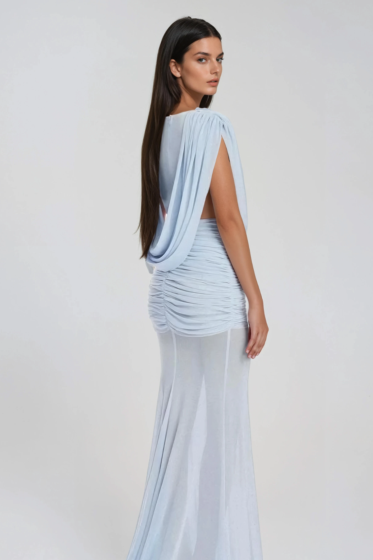Ceylin Plunge Ruch Asymmetric Maxi Dress In Blue
