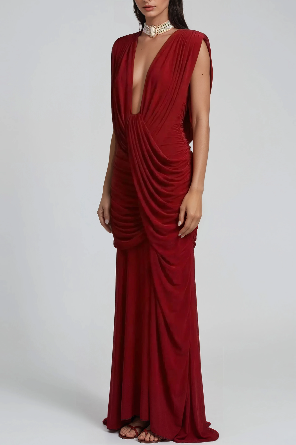 Ceylin Plunge Ruch Asymmetric Maxi Dress In Red