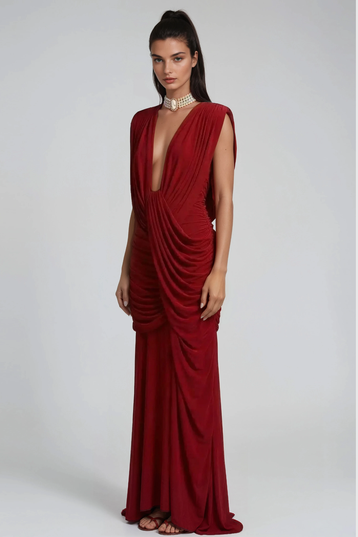 Ceylin Plunge Ruch Asymmetric Maxi Dress In Red