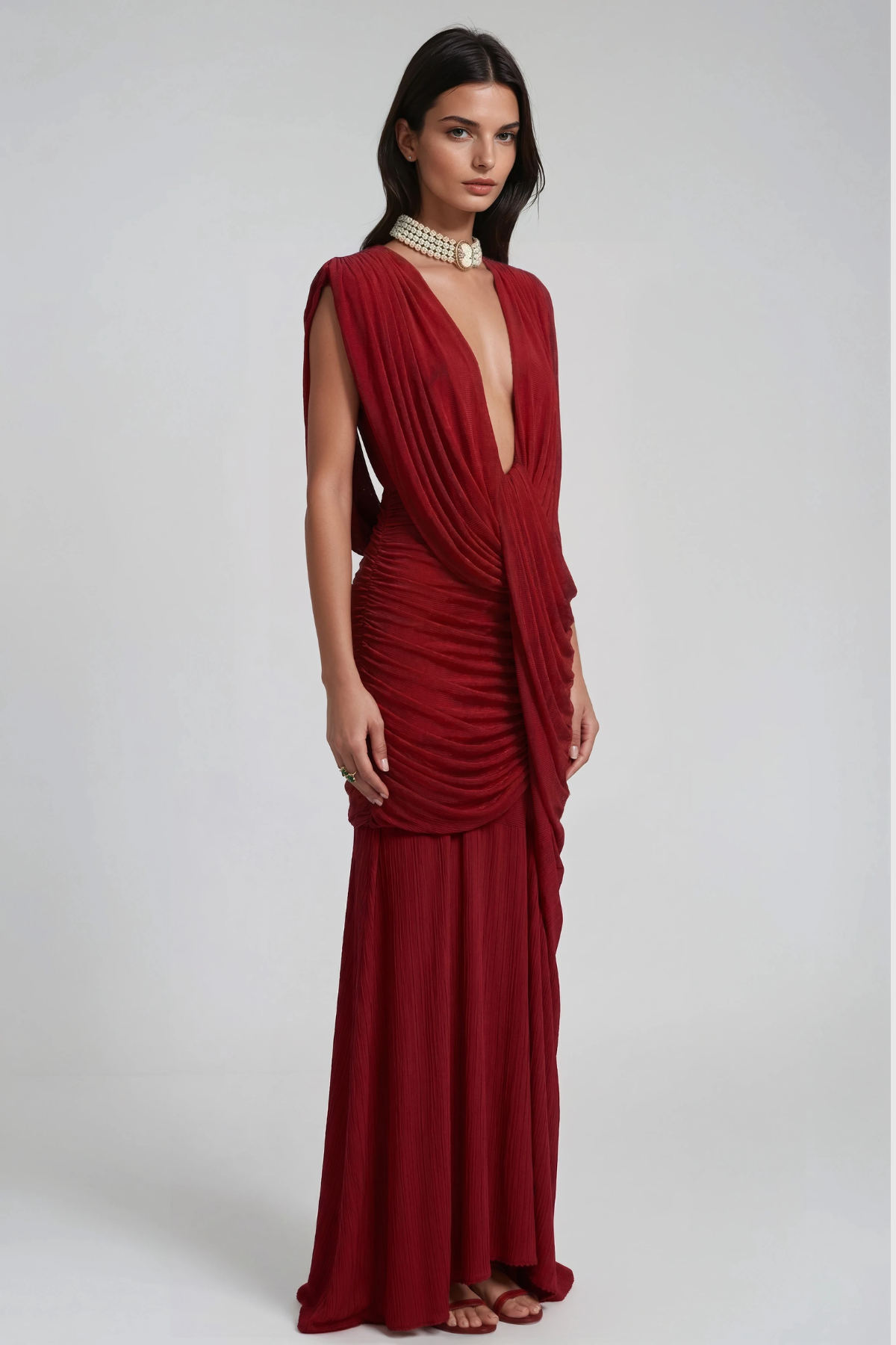 Ceylin Plunge Ruch Asymmetric Maxi Dress In Red