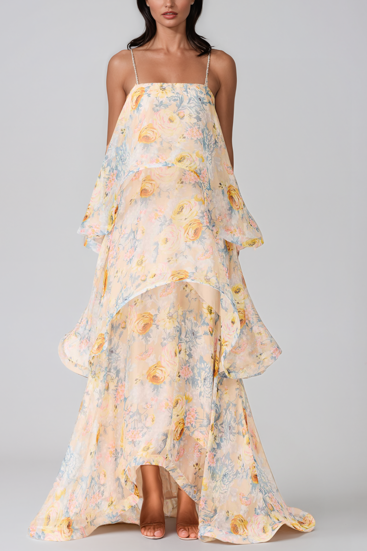 Ikbal Floral Tiered Maxi Dress In Yellow
