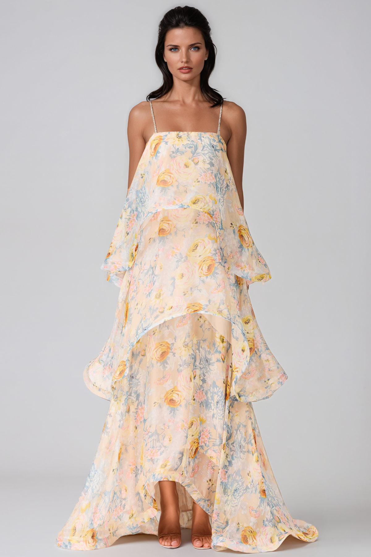 Ikbal Floral Tiered Maxi Dress In Yellow
