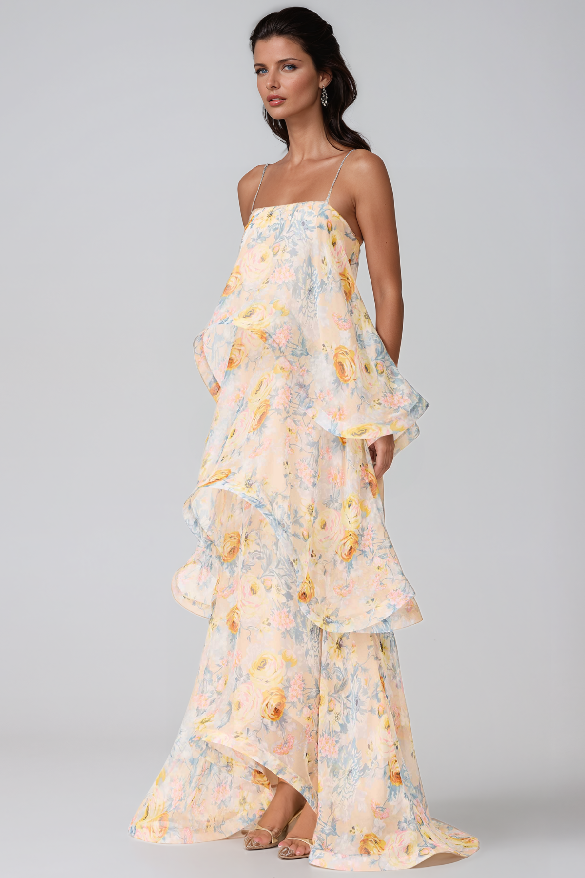 Ikbal Floral Tiered Maxi Dress In Yellow