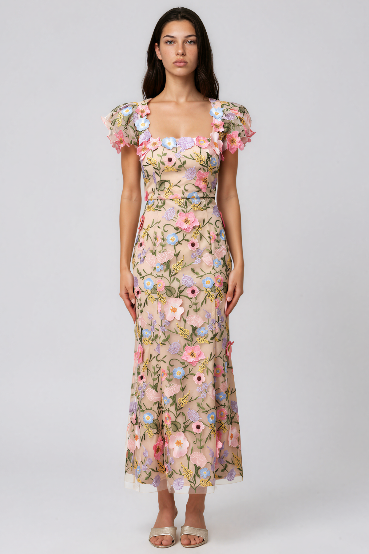 Kalare Puff Sleeve Flower Maxi Dress