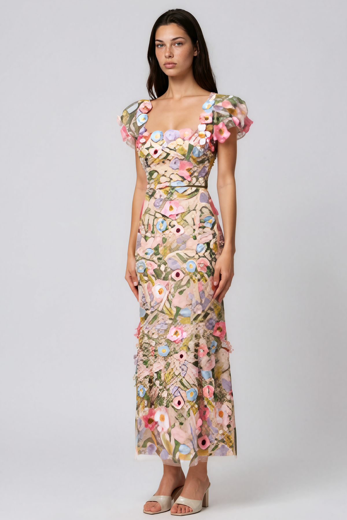 Kalare Puff Sleeve Flower Maxi Dress