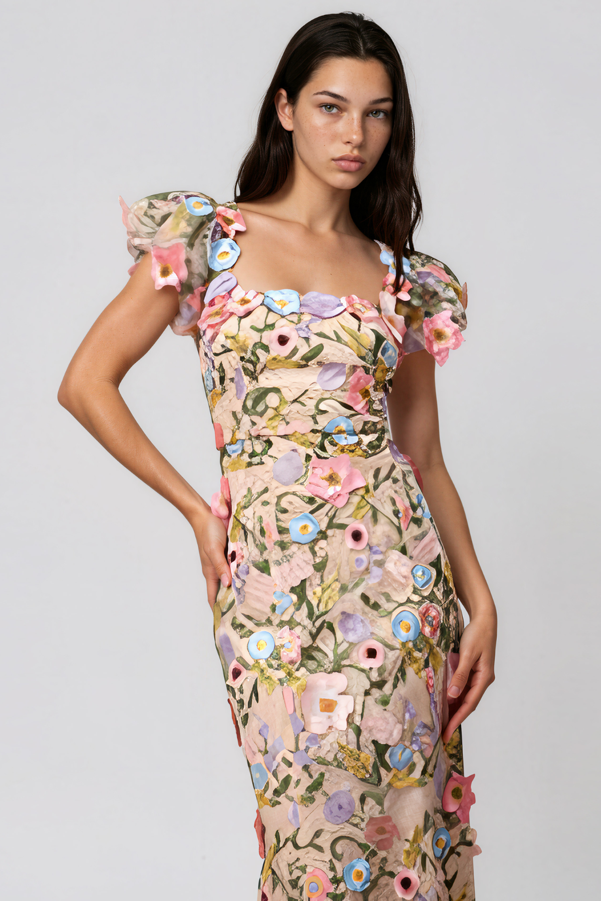 Kalare Puff Sleeve Flower Maxi Dress