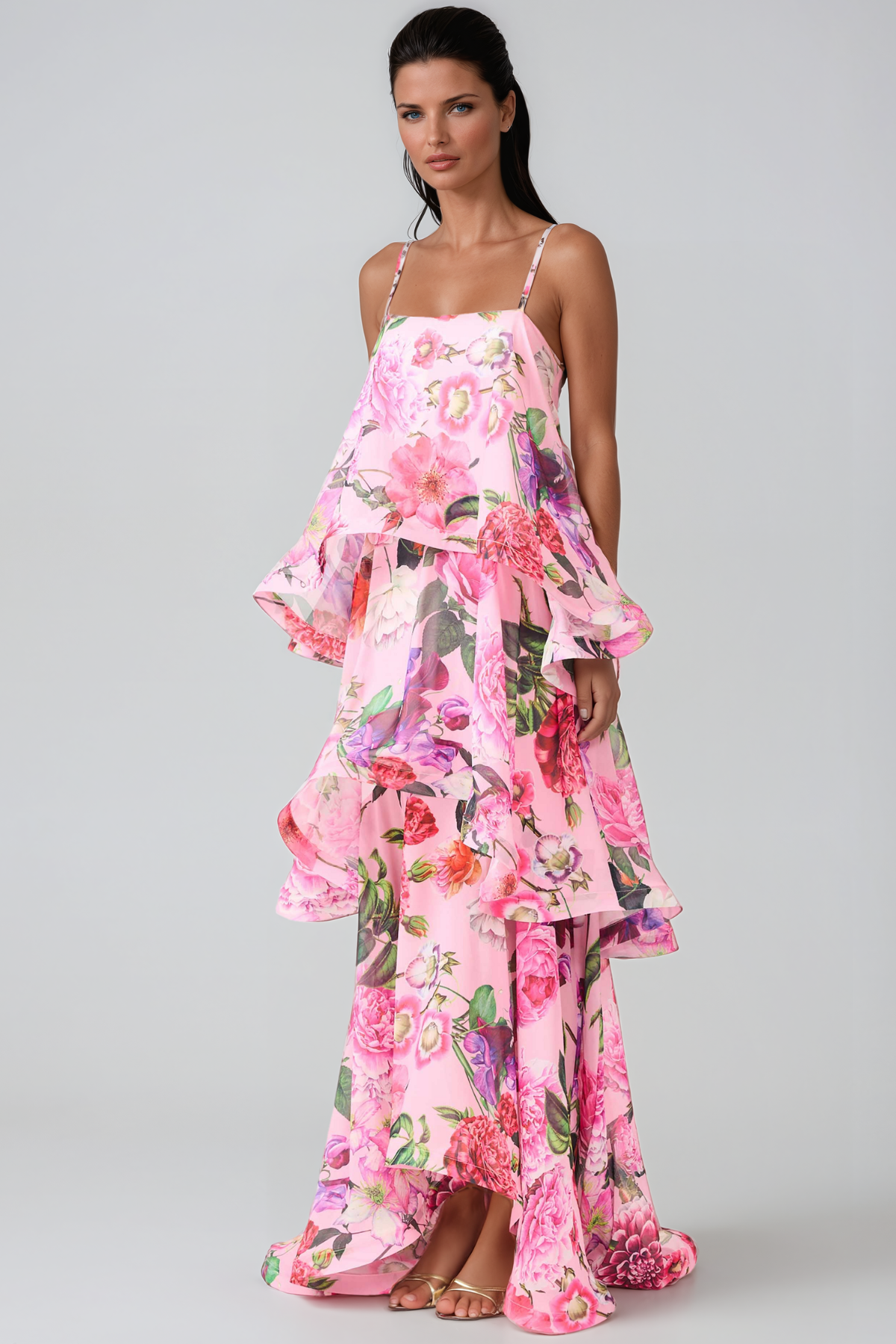Ikbal Floral Tiered Maxi Dress In Pink
