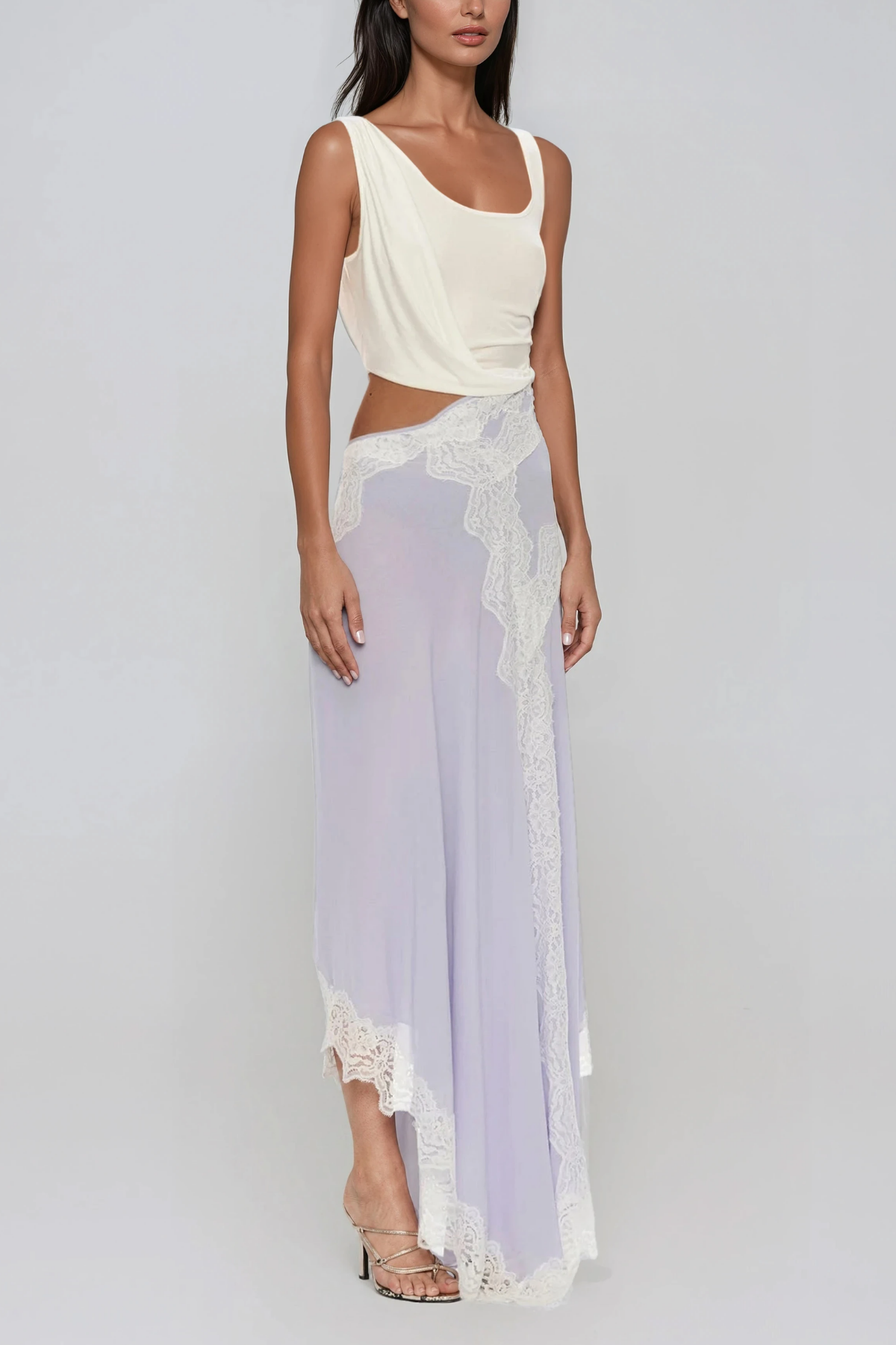 Bess Sleeveless Asymmetric Lace Maxi Dress