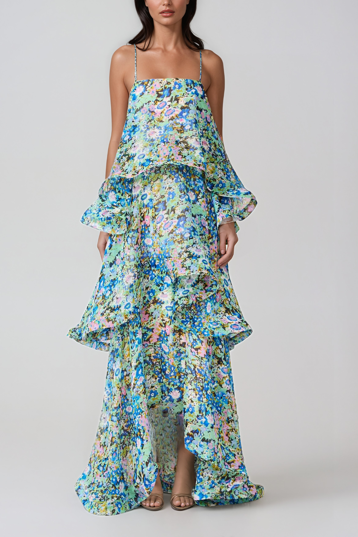 Ikbal Floral Tiered Maxi Dress In Green