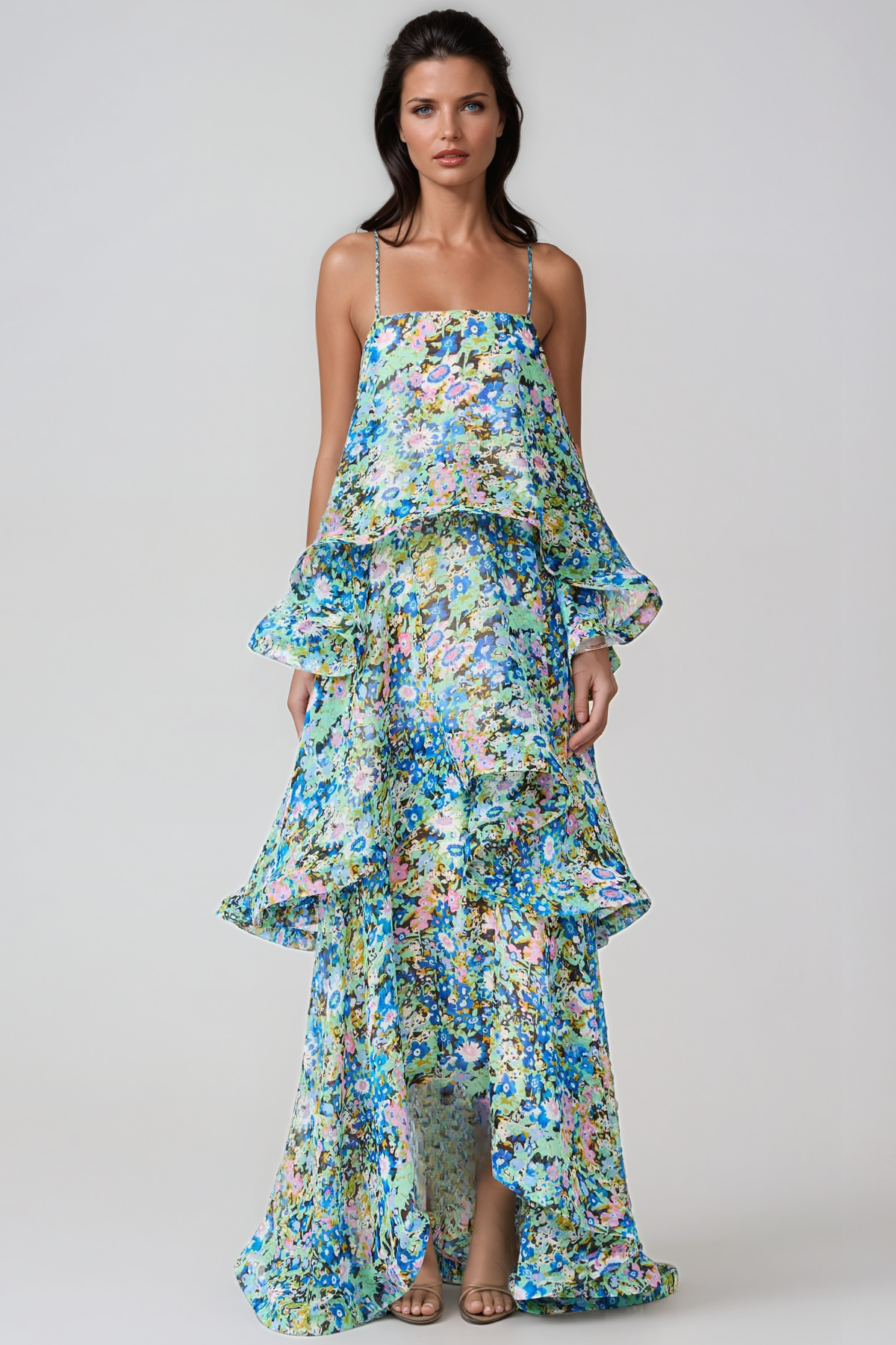 Ikbal Floral Tiered Maxi Dress In Green
