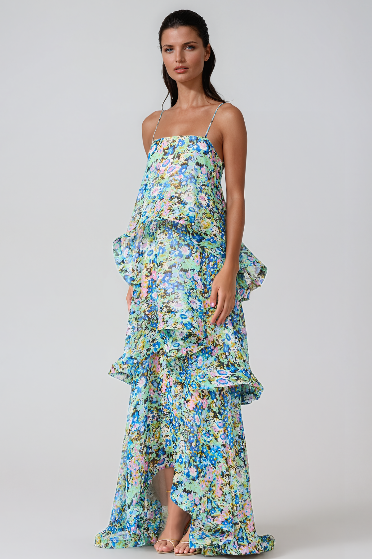 Ikbal Floral Tiered Maxi Dress In Green