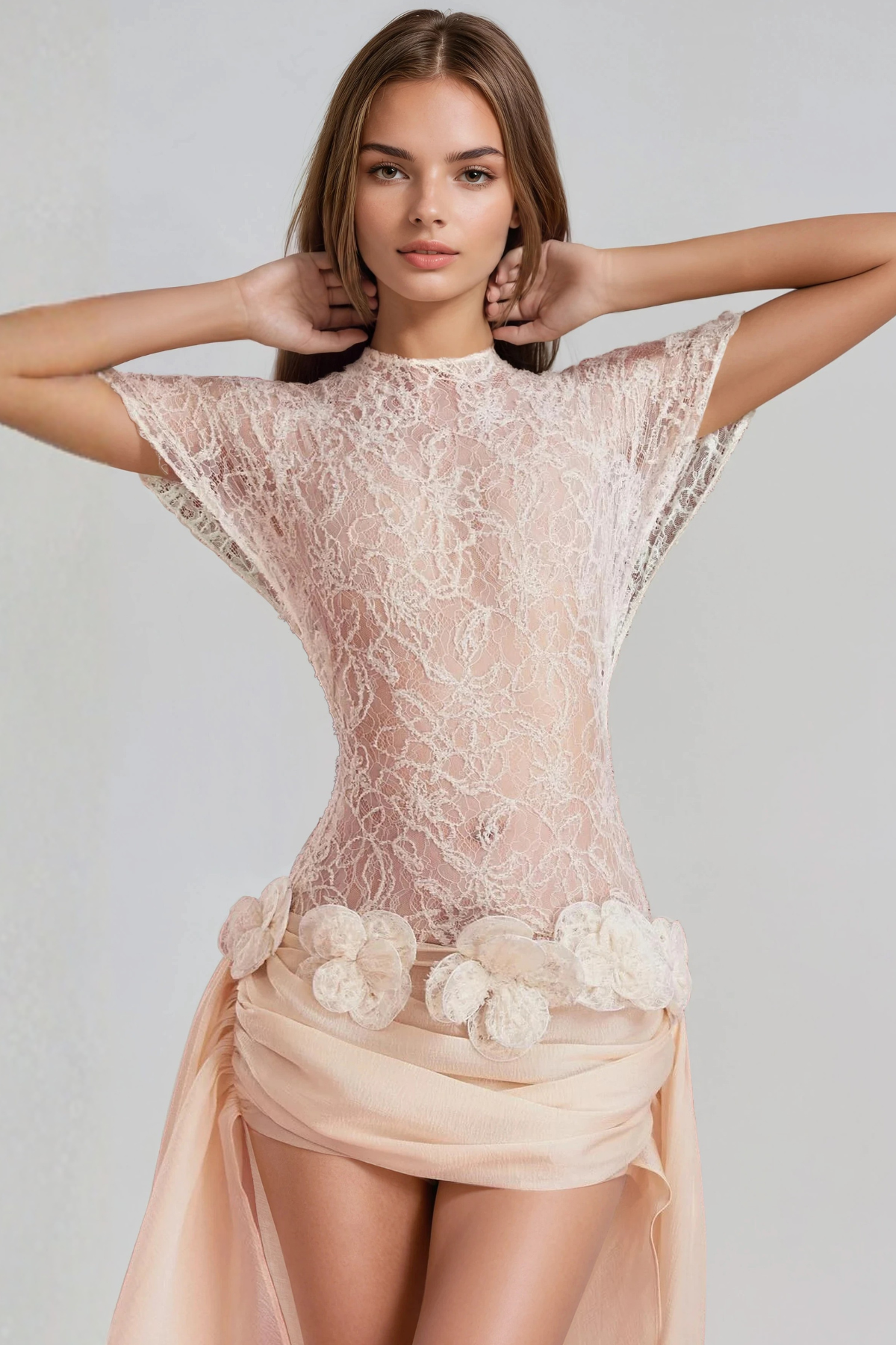 Hamo Lace Fringe Flower Mini Dress