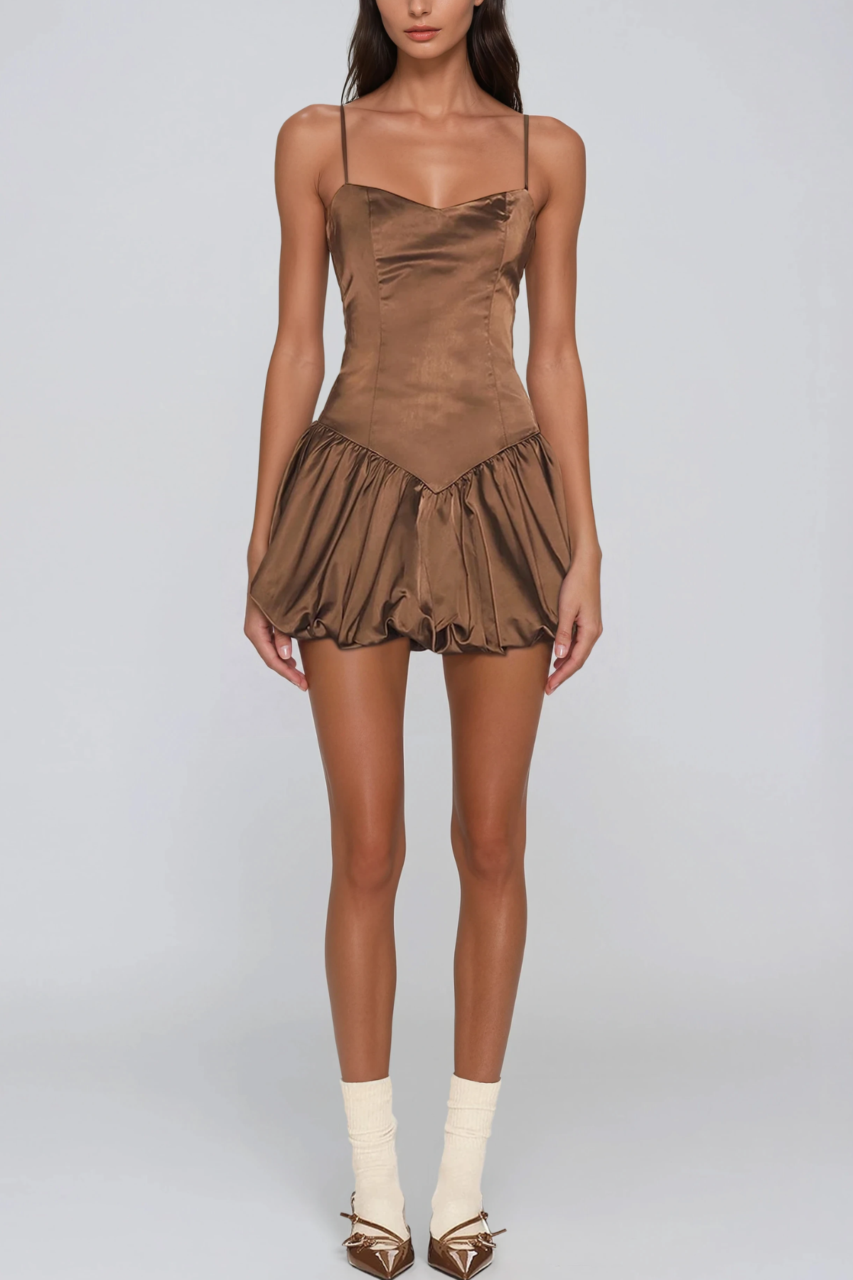 Hadiya Satin Bubble Mini Dress In Khaki