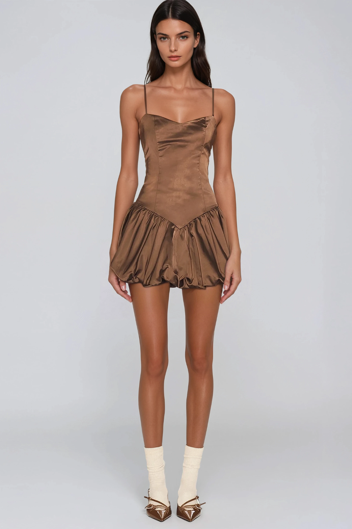 Hadiya Satin Bubble Mini Dress In Khaki