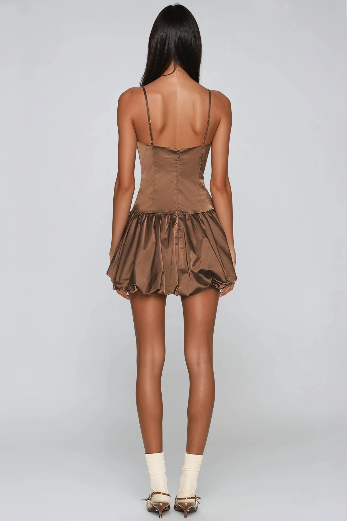 Hadiya Satin Bubble Mini Dress In Khaki