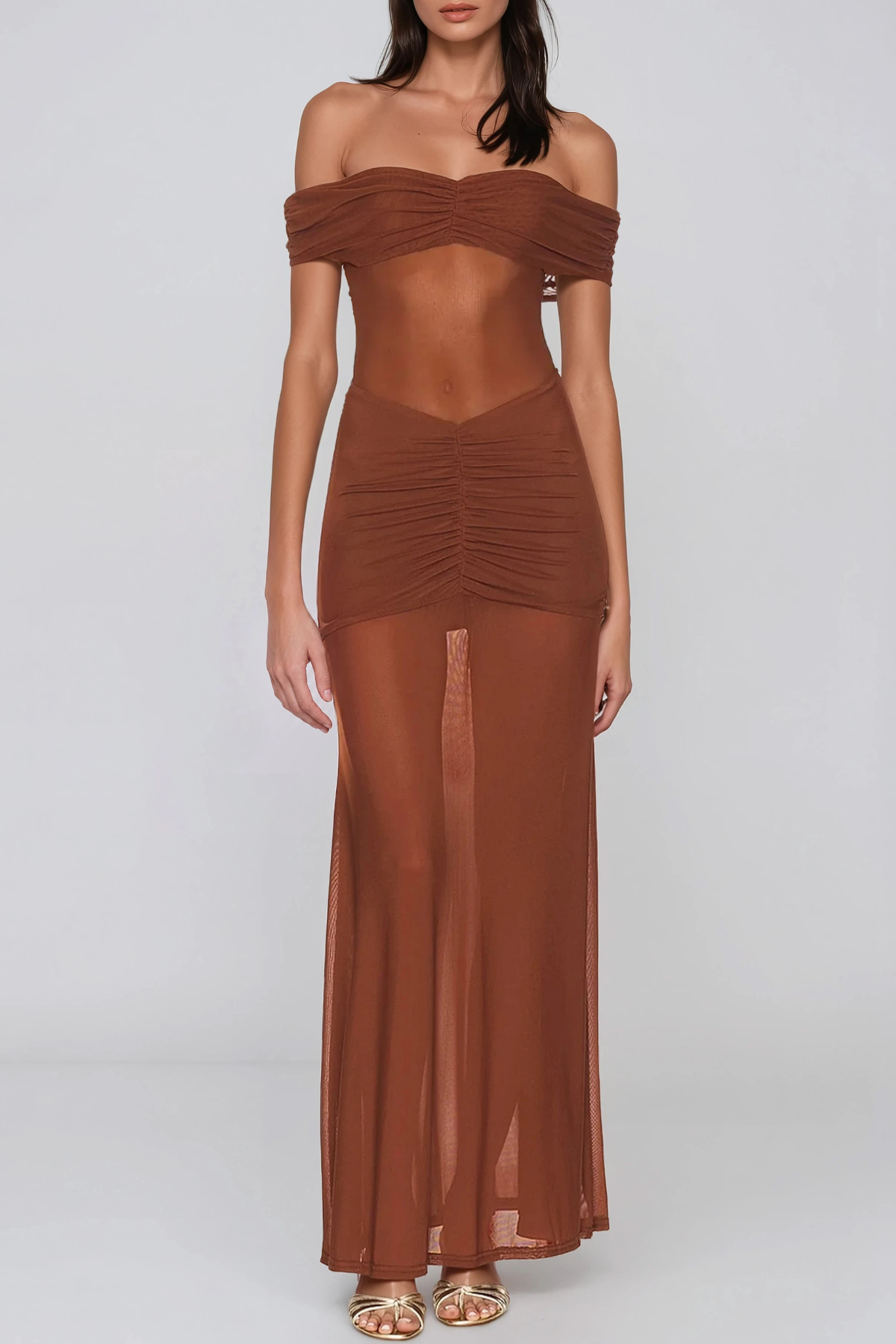 Hadija Off Shoudler Mesh Ruch Maxi Dress