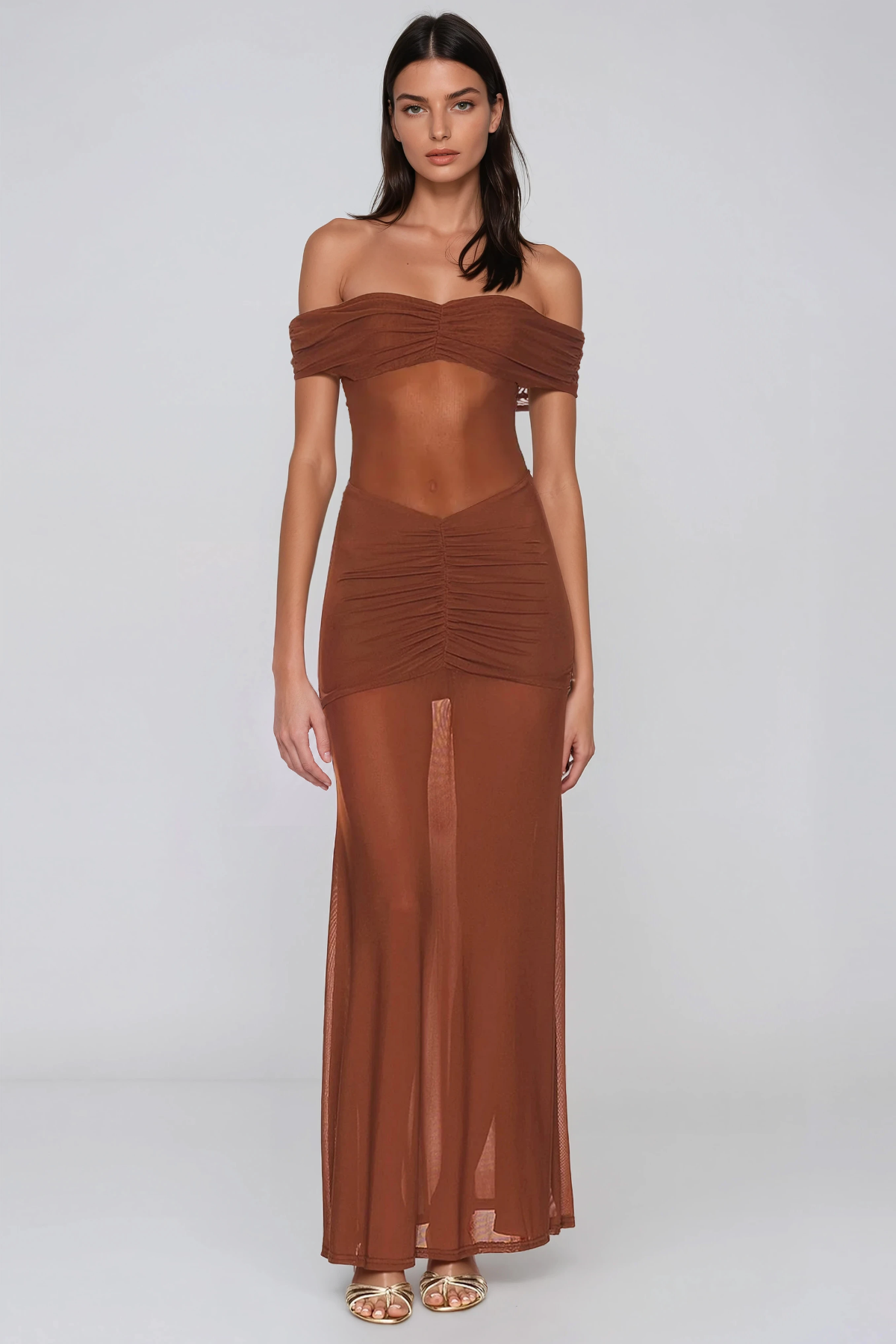 Hadija Off Shoudler Mesh Ruch Maxi Dress