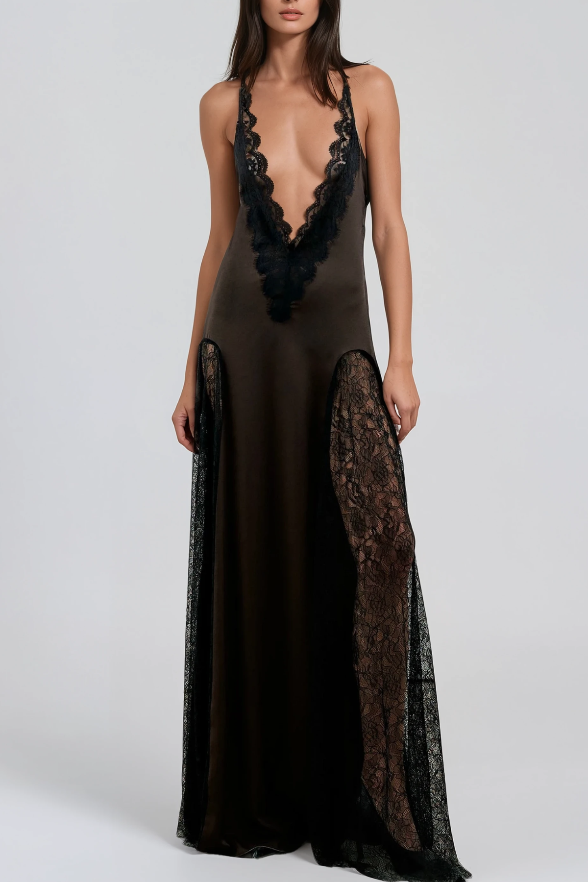 Hadriana Plunge Lace Maxi Dress