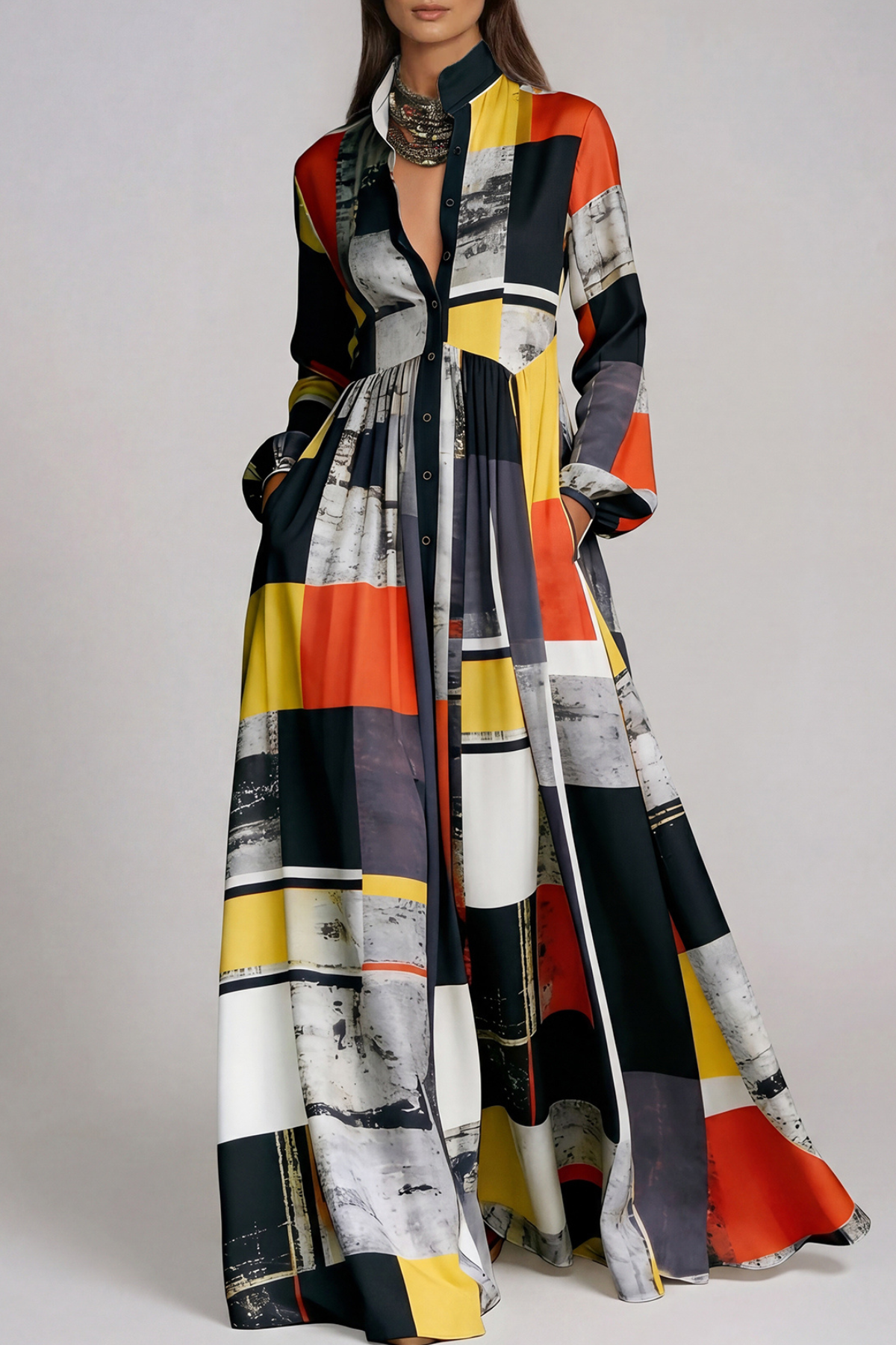 Fizza Plunge Ruch Geometric Maxi Dress In Black