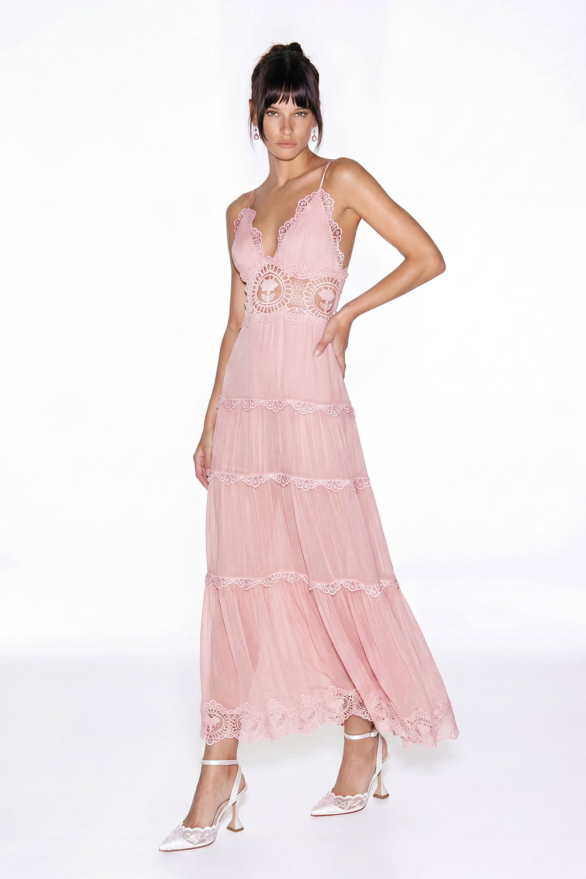 Hanieh V Neck  Lace Floral Maxi Dress In Pink