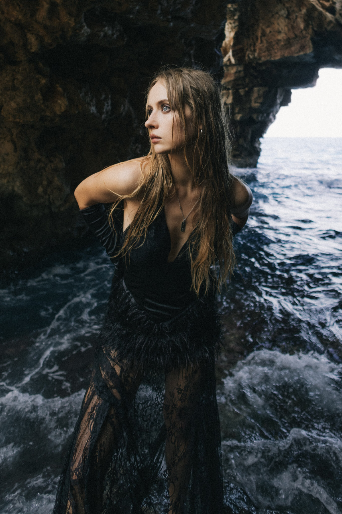 Enoque Plunge Feather Lace Maxi Dress
