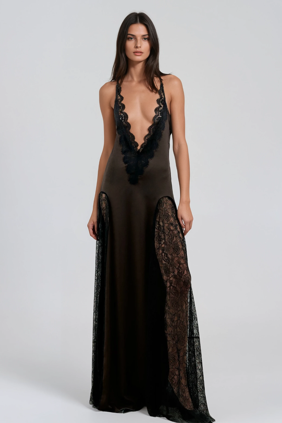 Hadriana Plunge Lace Maxi Dress