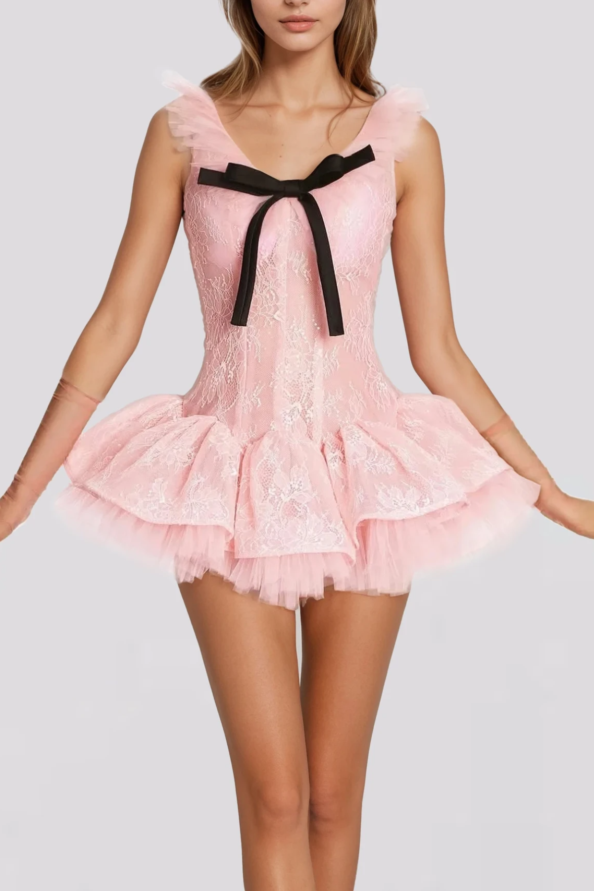 Giovana Mesh Lace Puffy Mini Dress