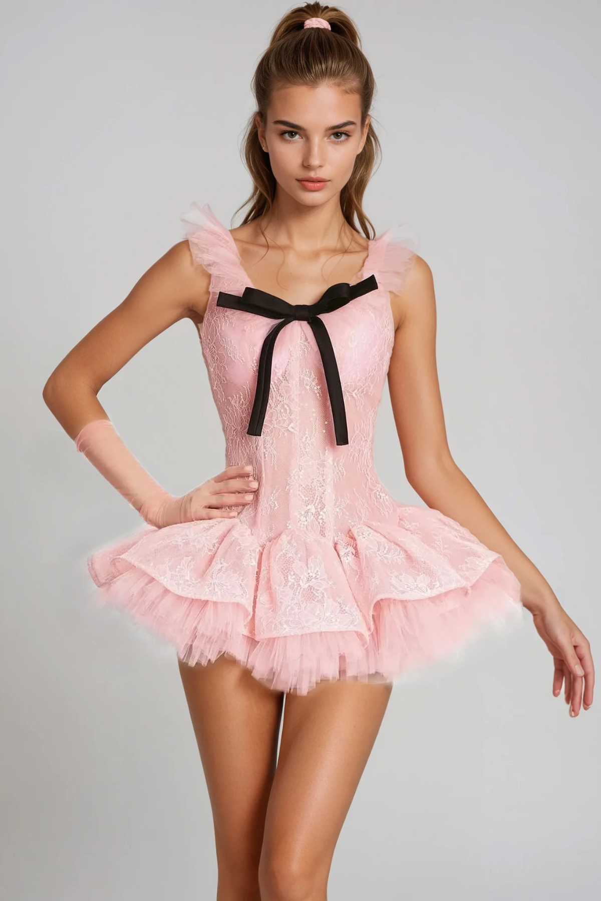 Giovana Mesh Lace Puffy Mini Dress