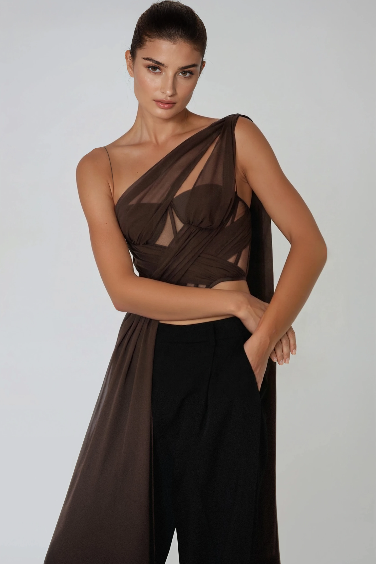 Hannes One Shoulder Mesh Crop Top