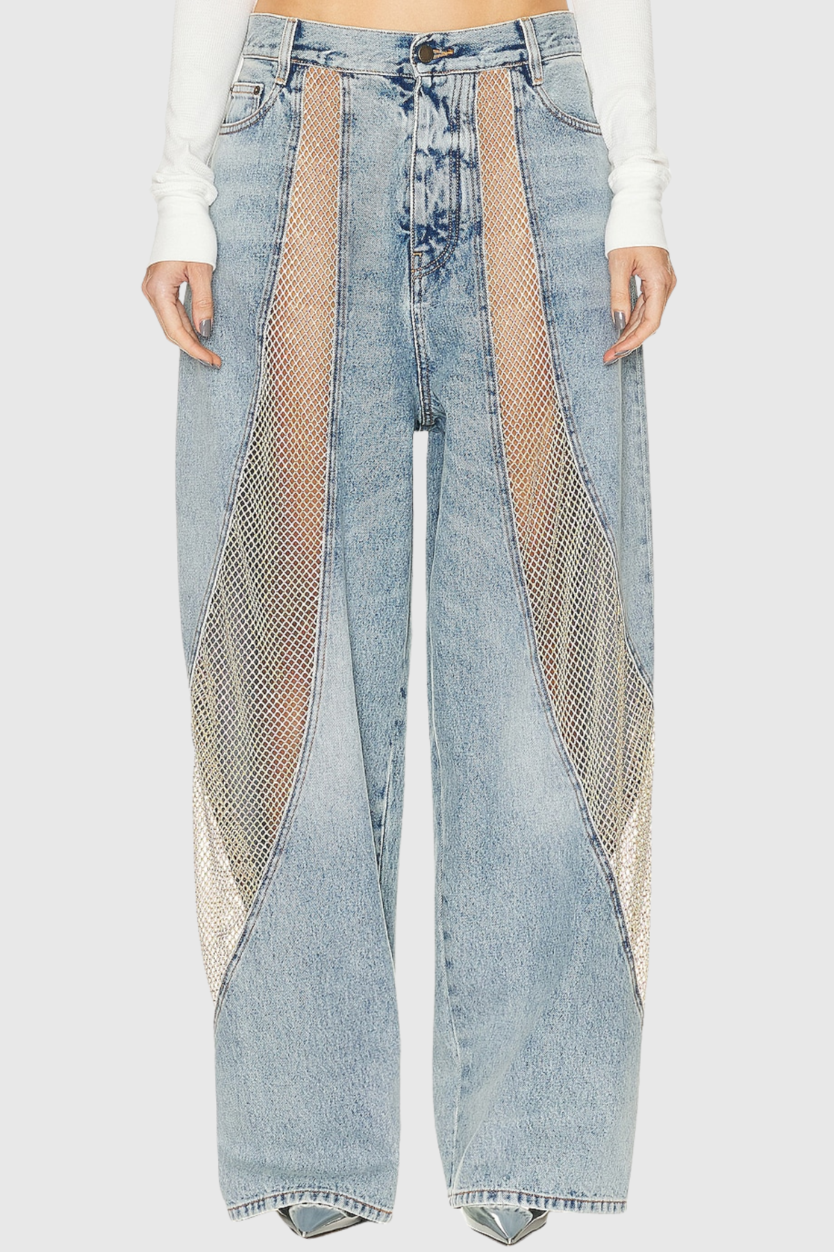 Fedor Deconstruct Rhinestone Mesh Barrel Jeans