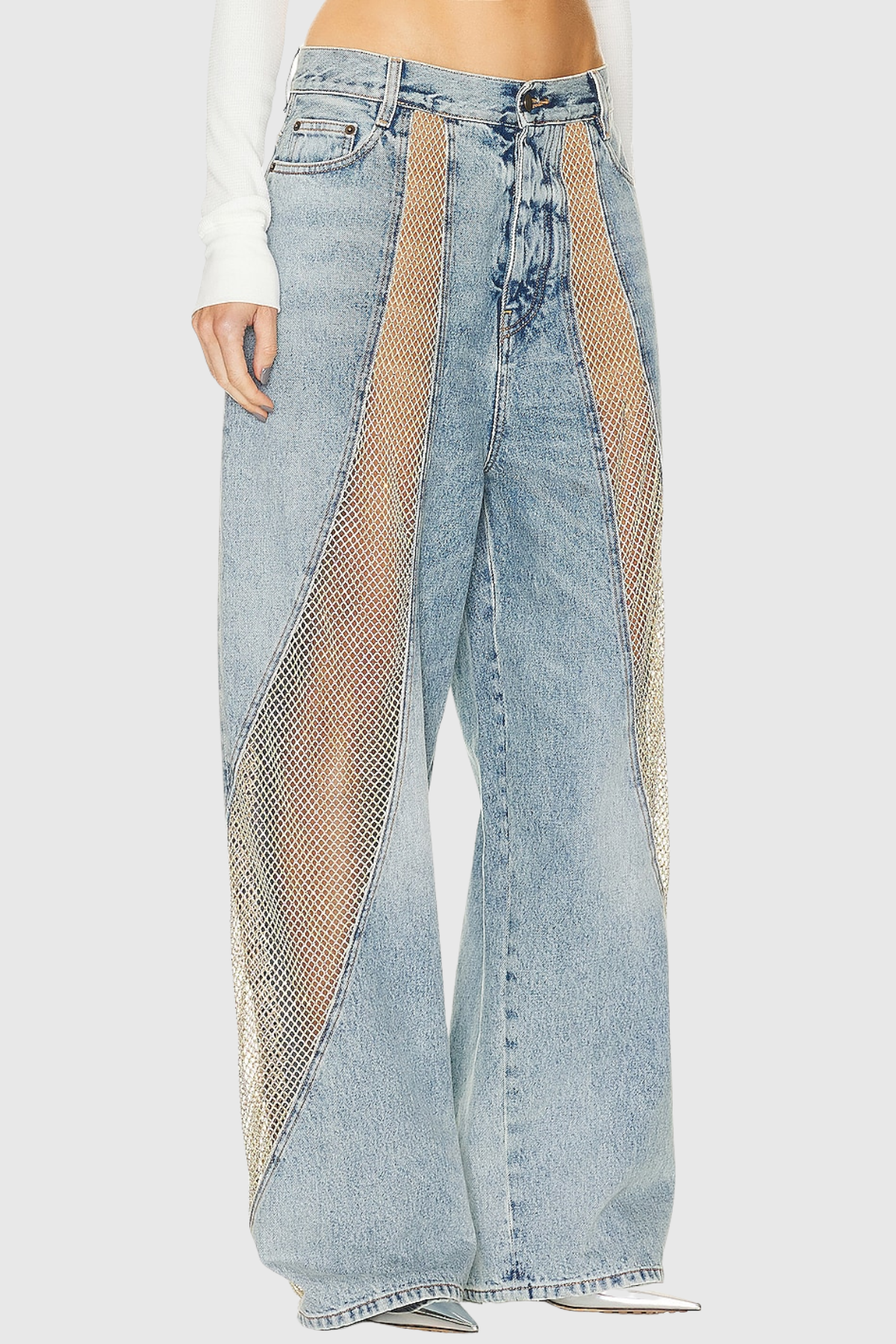 Fedor Deconstruct Rhinestone Mesh Barrel Jeans