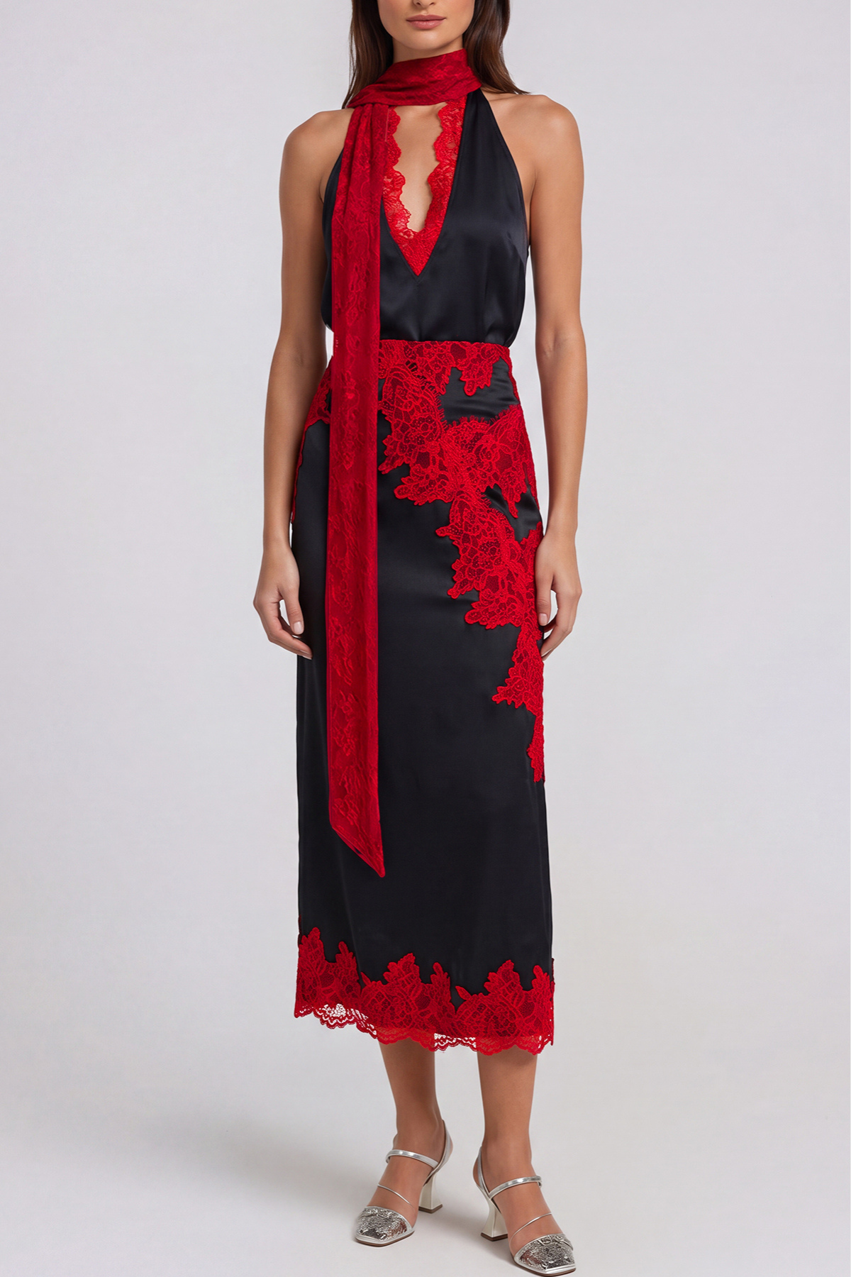 Bess Lace Asymmetric Skirt Set In Red