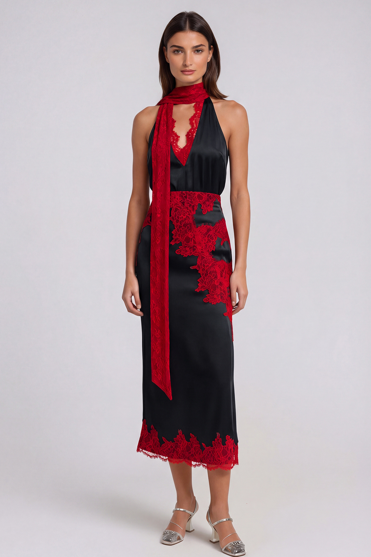 Bess Lace Asymmetric Skirt Set In Red