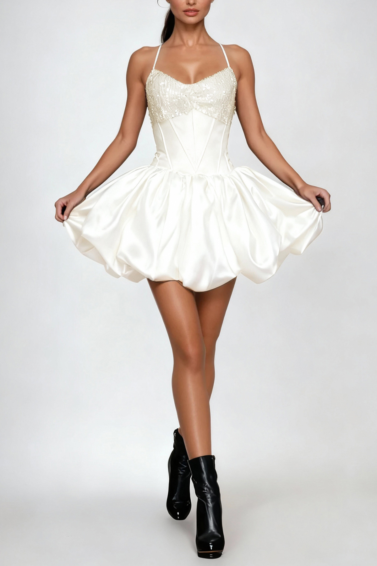 Dimitri Sequin Lace Up Puffy Mini Dress In White